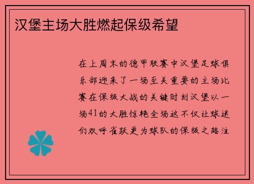 汉堡主场大胜燃起保级希望